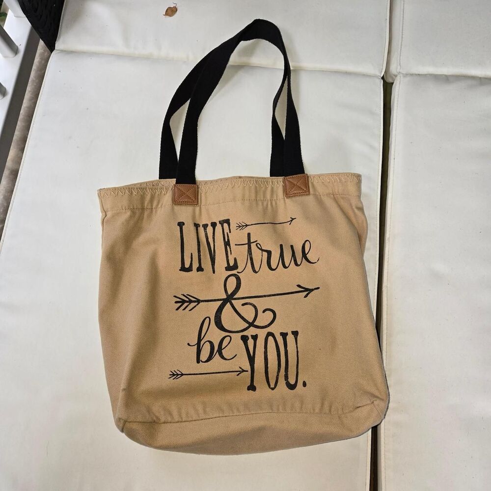 Thirty-One Canvas Crew Tan Tote Bag Live True & Be You Graphic Shoulder Bag